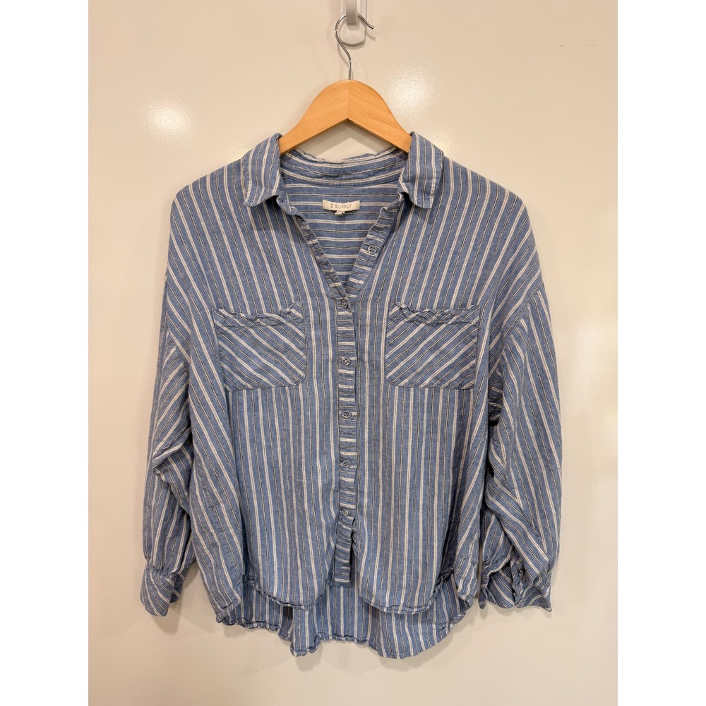 Z Supply Blue White Striped Linen Blend Button Down Shirt ZT232417 Womens M